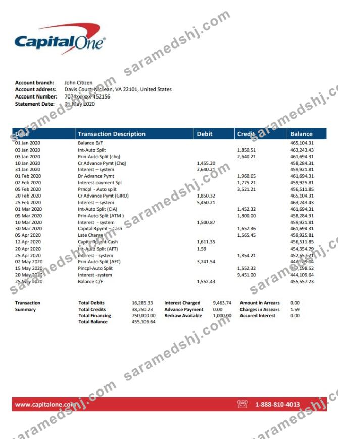 USA Capital One bank statement template, Word and PDF format (.doc and .pdf)